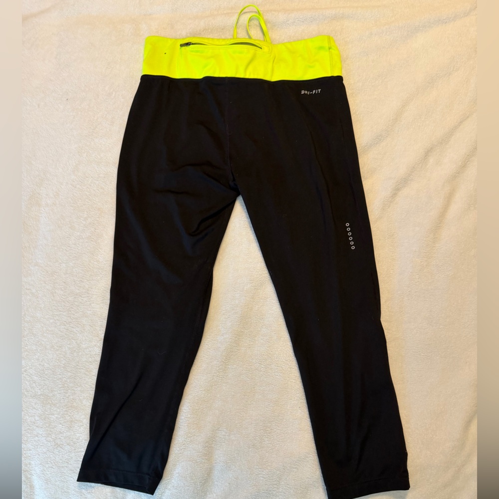Nike Black and Neon Green Dri-FIT Capri Leggings
